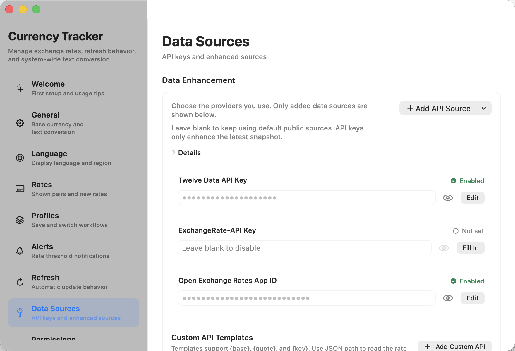 Data source settings with API fields.