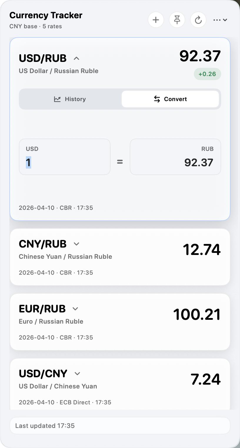 Expanded currency card with conversion fields.
