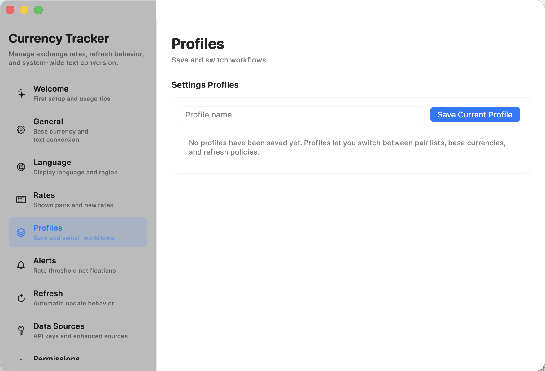 Settings profiles screen.